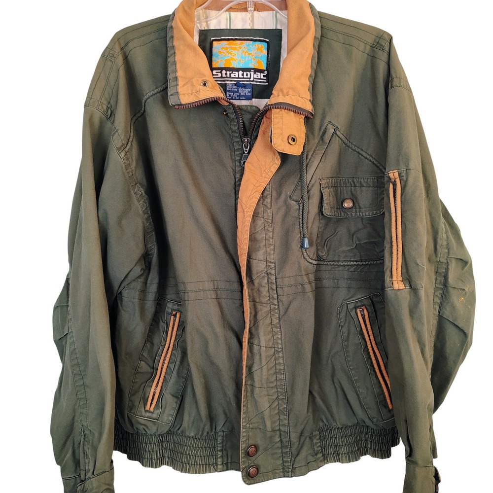 Vintage Stratojac Mens XL Forest Green Cotton Bomber‎ Utility Jacket Tan Trim